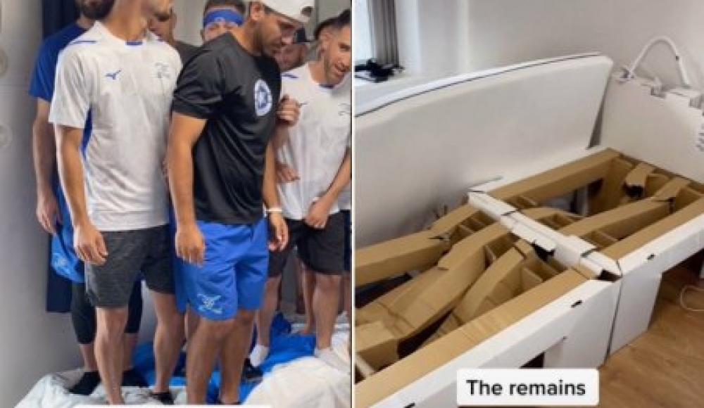 Мужчины из сборной Израиля проверили на прочность картонную кровать в Олимпийской деревне