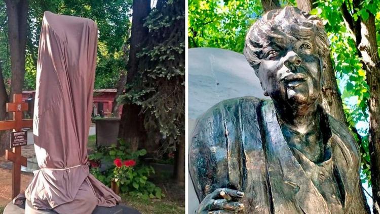 Скандальный памятник на могиле Галины Волчек закрыли брезентом