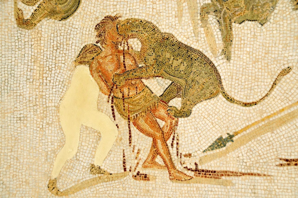 A leopard attacking a prisoner in an amphitheater spectacle captured by a Roman mosaic from the late second century.Credit Dennis Jarvis Flickr.jpg